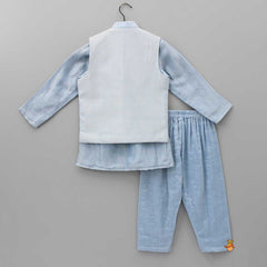 Pre Order: Pure Tissue Mandarin Collar Blue Kurta With Open Jacket And Pyjama