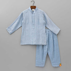 Pre Order: Pure Tissue Mandarin Collar Blue Kurta With Open Jacket And Pyjama
