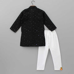 Faux Mirror Work Black Mandarin Collar Kurta And Pyjama