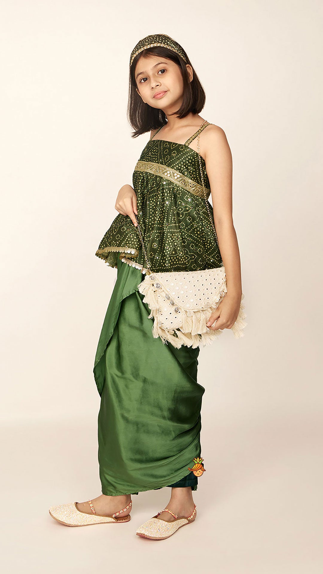 Faux Mirror Work Green Top And Stylish Dhoti Skirt With Matching Hair Band