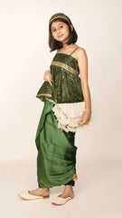 Pre Order: Faux Mirror Work Green Top And Stylish Dhoti Skirt With Matching Hair Band