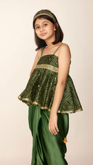 Pre Order: Faux Mirror Work Green Top And Stylish Dhoti Skirt With Matching Hair Band