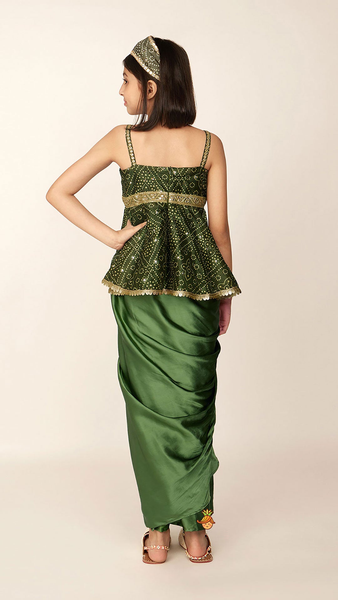 Faux Mirror Work Green Top And Stylish Dhoti Skirt With Matching Hair Band