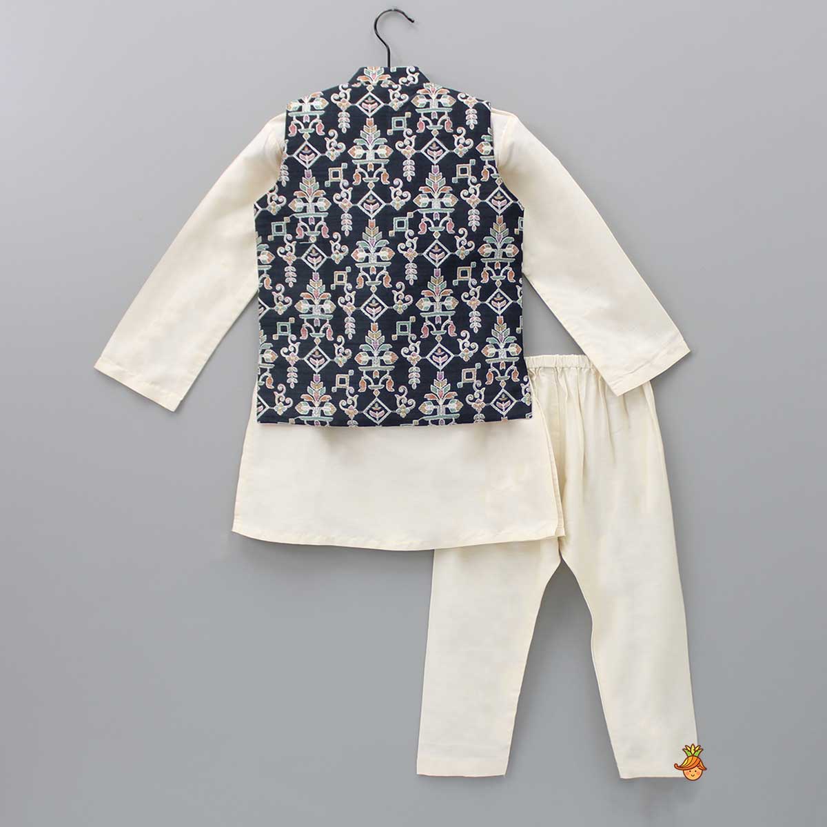 Beige Ethnic Kurta With Embroidered Black Jacket And Pyjama