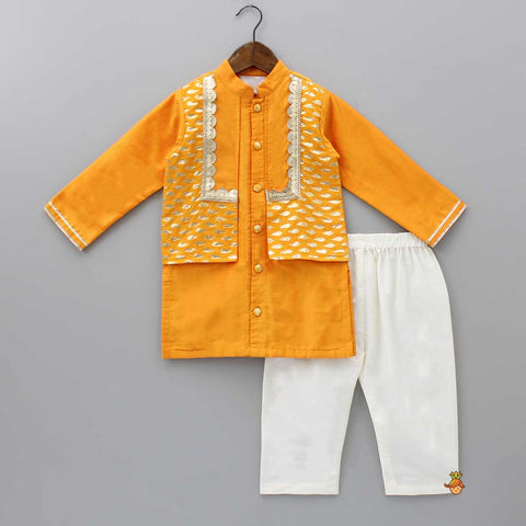 Pre Order: Attached Flap Orange Kurta And Off White Pyjama