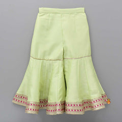 Pre Order: Short Sleeves Green Kurti And Sharara With Pink Net Dupatta