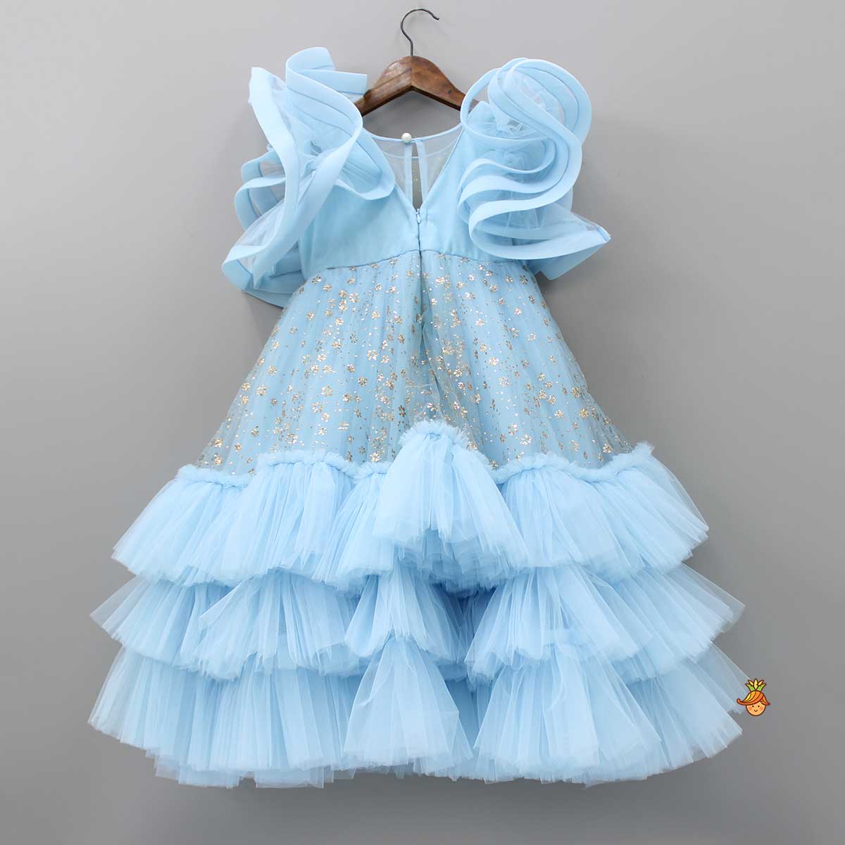 Fancy Blue Pleated Yoke Multi Layered Gown
