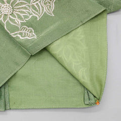 Pre Order: Pleated Neckline Green Top And Fringes Tassels Enhanced Lehenga