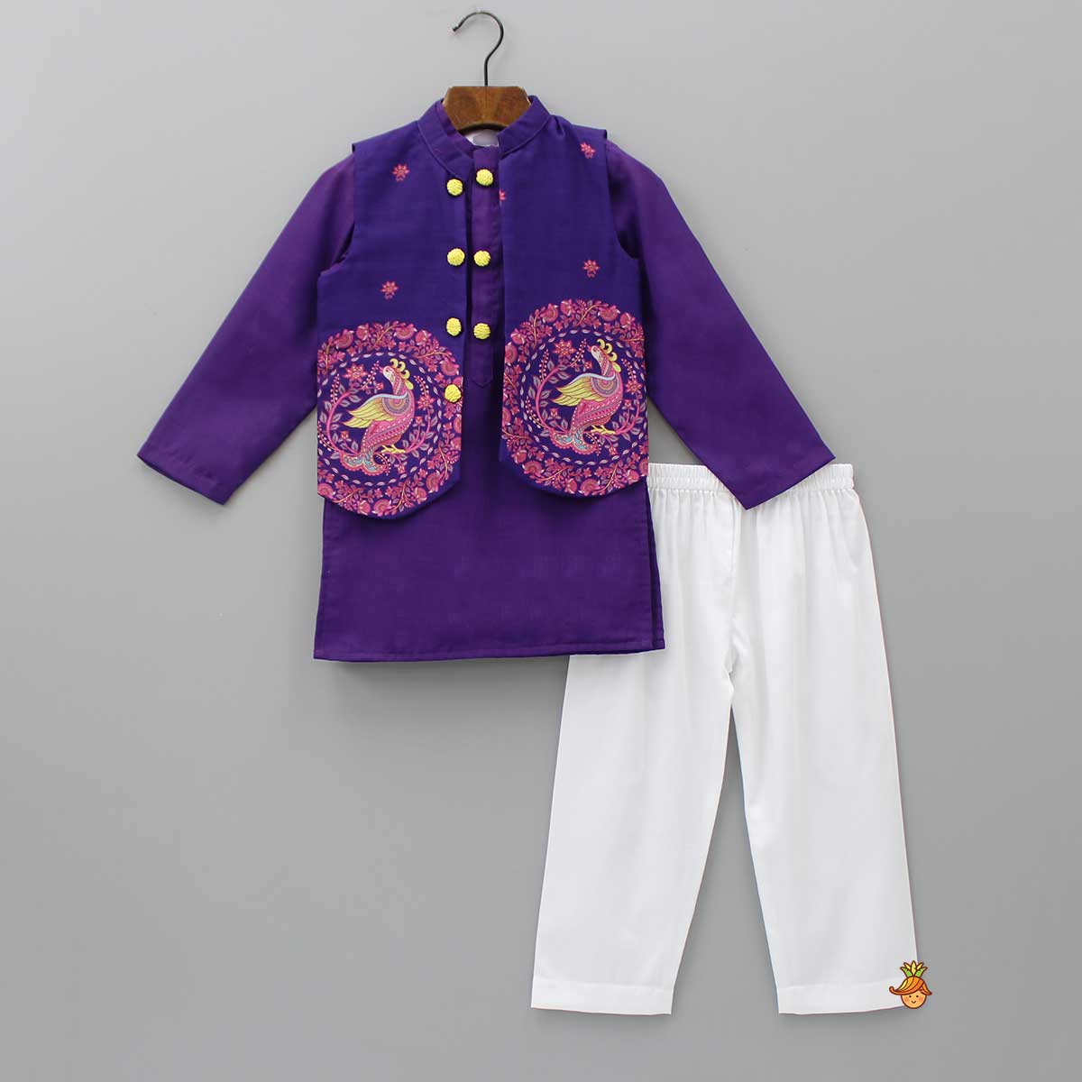 Pre Order: Purple Ethnic Kurta With Printed Open Jacket And White Pyjama
