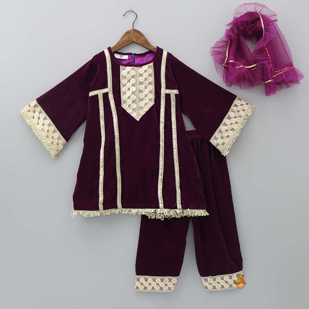 Pre Order: Round Neck Purple Beautiful Lace Work Kurti And Salwar With Net Dupatta