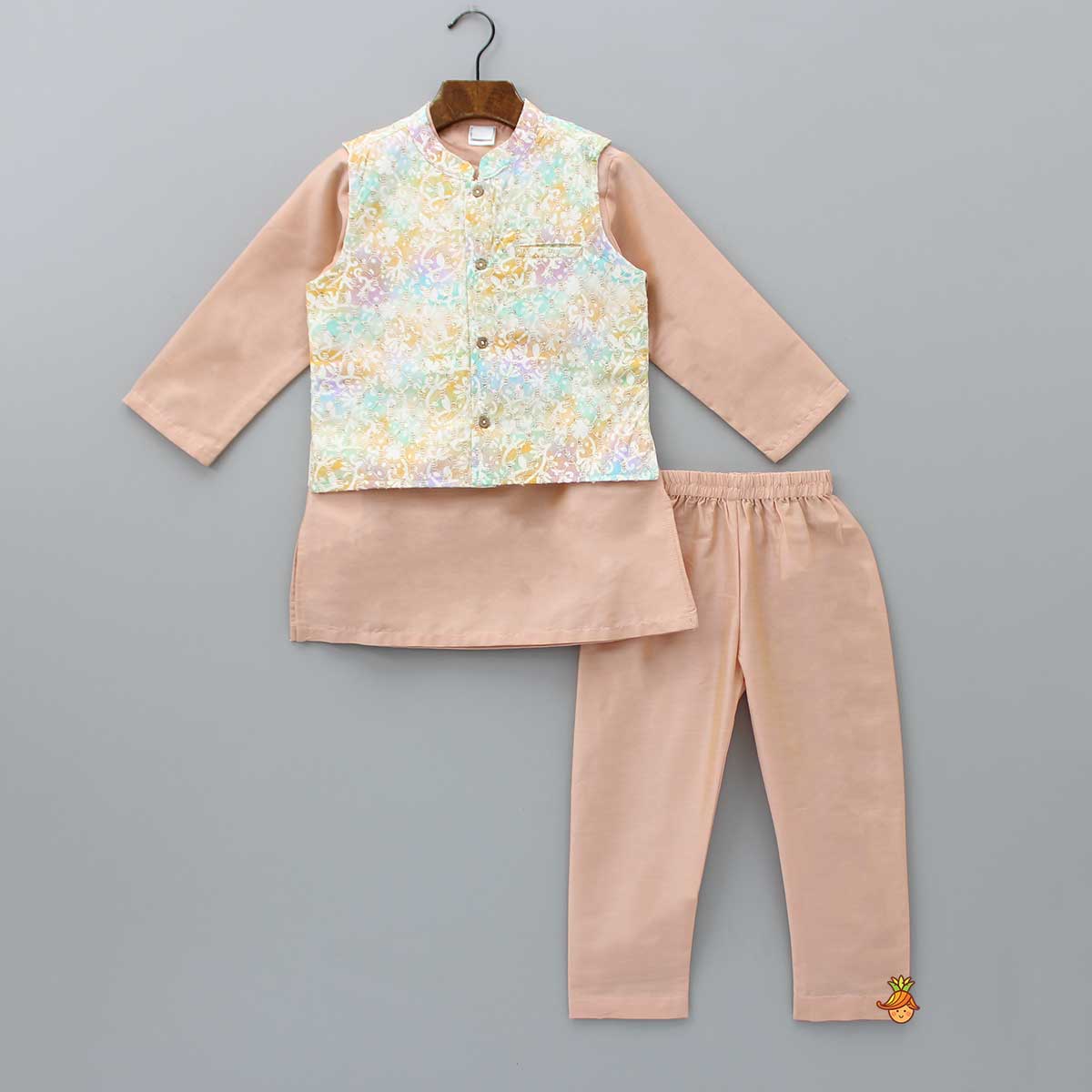 Peach Kurta With Embroidered Pocket Detail Jacket And Pyjama
