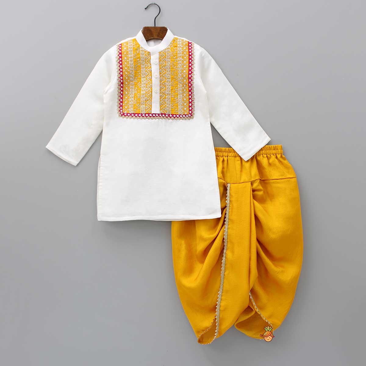 Pre Order: Yoke Embroidered Kurta And Mustard Dhoti