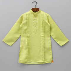 Pre Order: Green Pin Tuck Ethnic Kurta With Floral Jacket And Pyjama