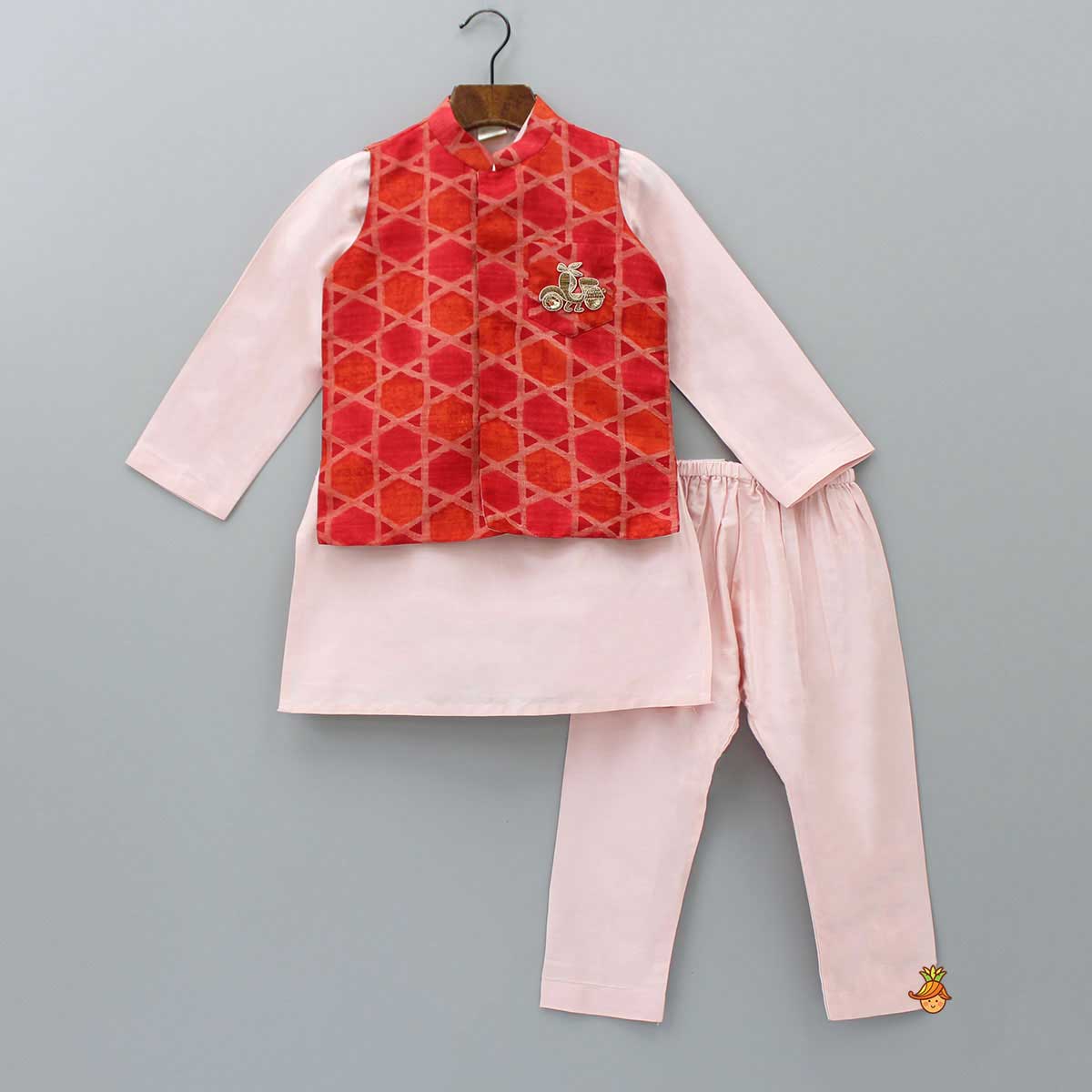 Pre Order: Peach Ethnic Kurta With Zardozi Embroidered Patch Pocket Jacket And Pyjama