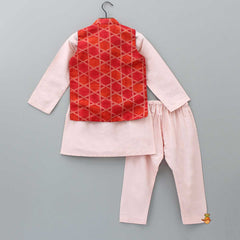 Pre Order: Peach Ethnic Kurta With Zardozi Embroidered Patch Pocket Jacket And Pyjama