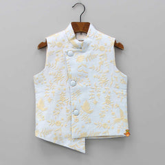 Pre Order: Blue Kurta With Thread Embroidered Asymmetric Hem Jacket And Pyjama