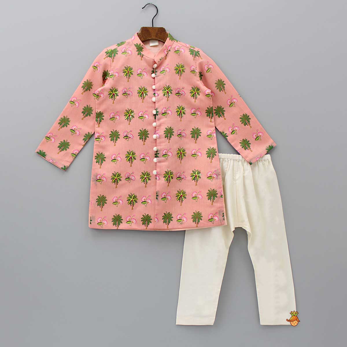 Pre Order: Lotus And Trees Printed Peach Kurta With Pyjama
