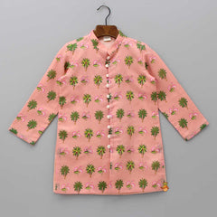 Pre Order: Lotus And Trees Printed Peach Kurta With Pyjama