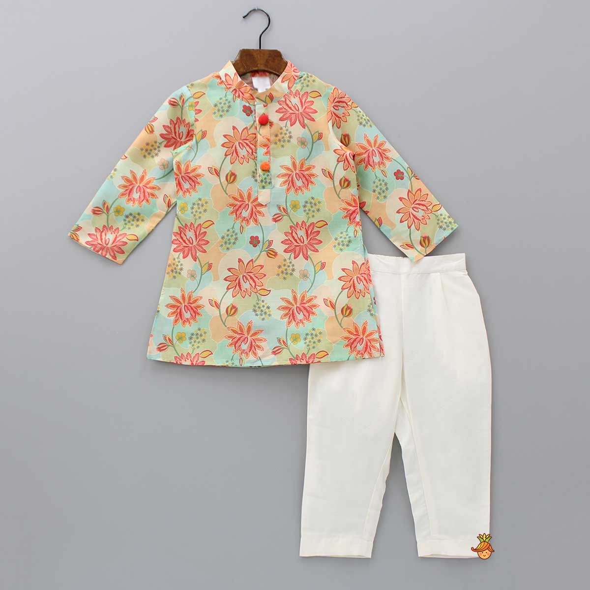 Pre Order: Pom Poms Adorned Muslin Kurta And Pockets Detail Off White Pyjama