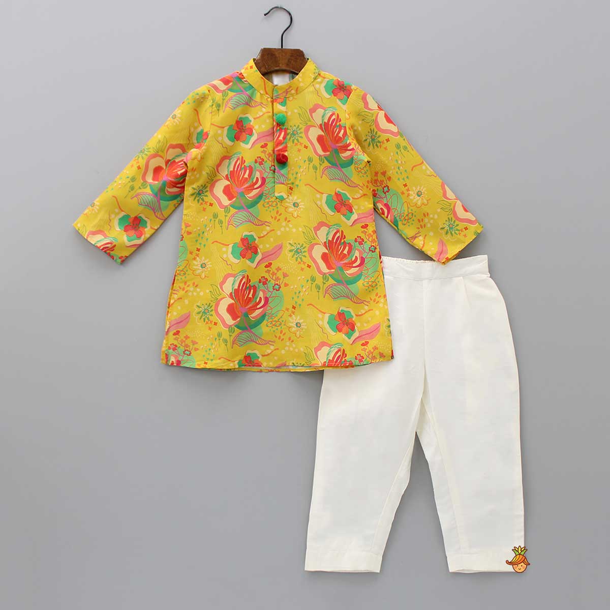 Pom Poms Adorned Yellow Kurta And Pockets Detail Pyjama
