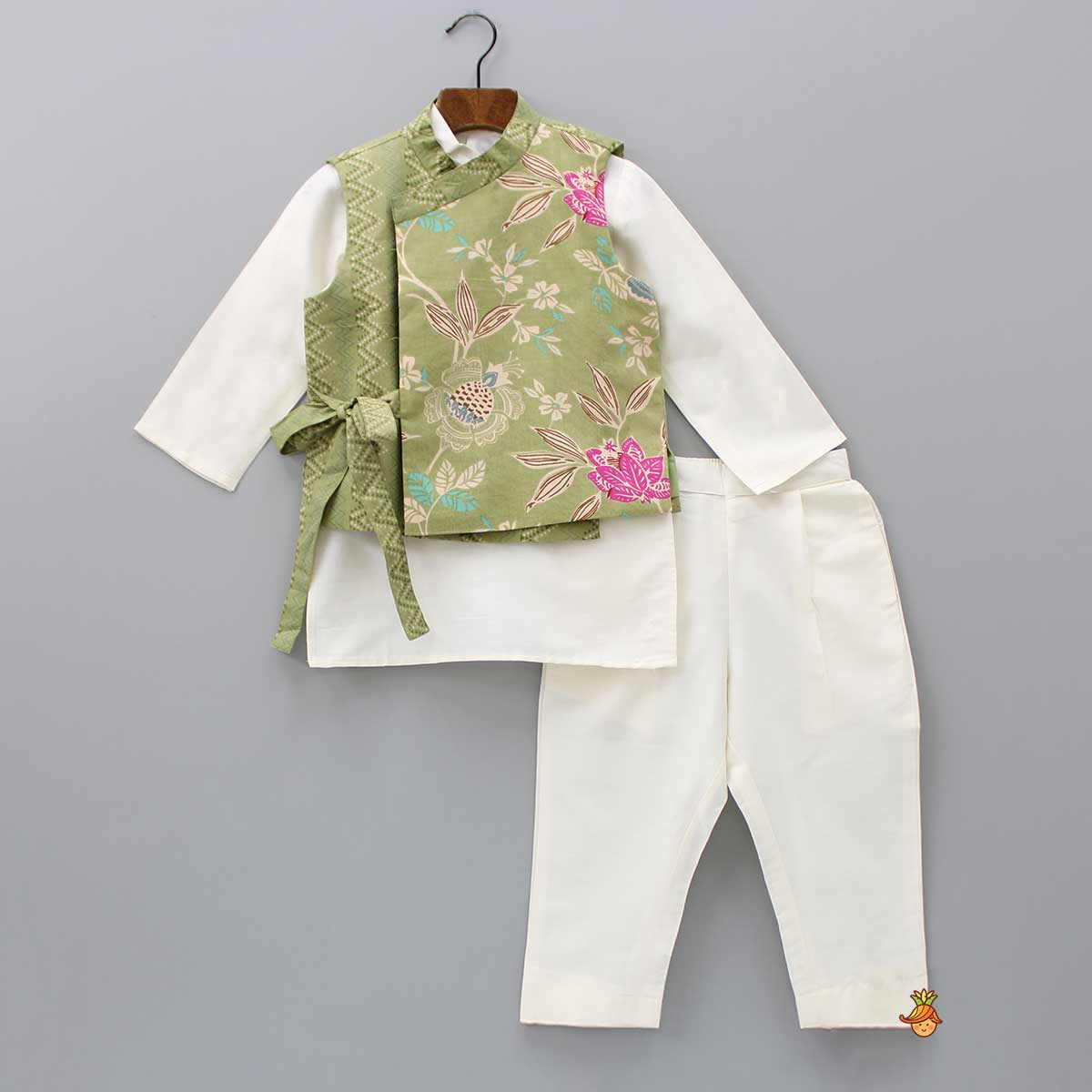 Pre Order: Off White Kurta With Side Knot Detail Printed Green Jacket And Pyjama