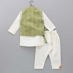 Pre Order: Off White Kurta With Side Knot Detail Printed Green Jacket And Pyjama