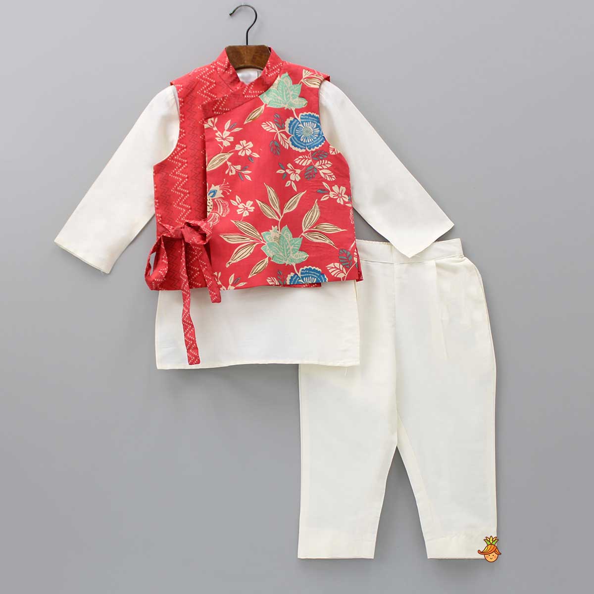 Off White Kurta With Side Knot Detail Printed Red Jacket And Pyjama