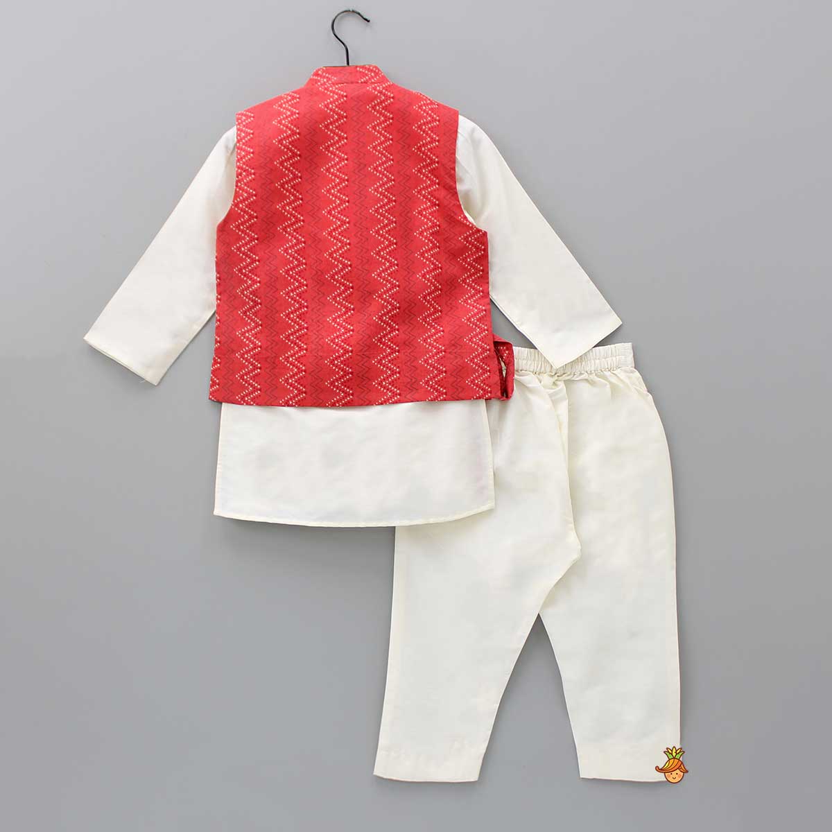 Off White Kurta With Side Knot Detail Printed Red Jacket And Pyjama