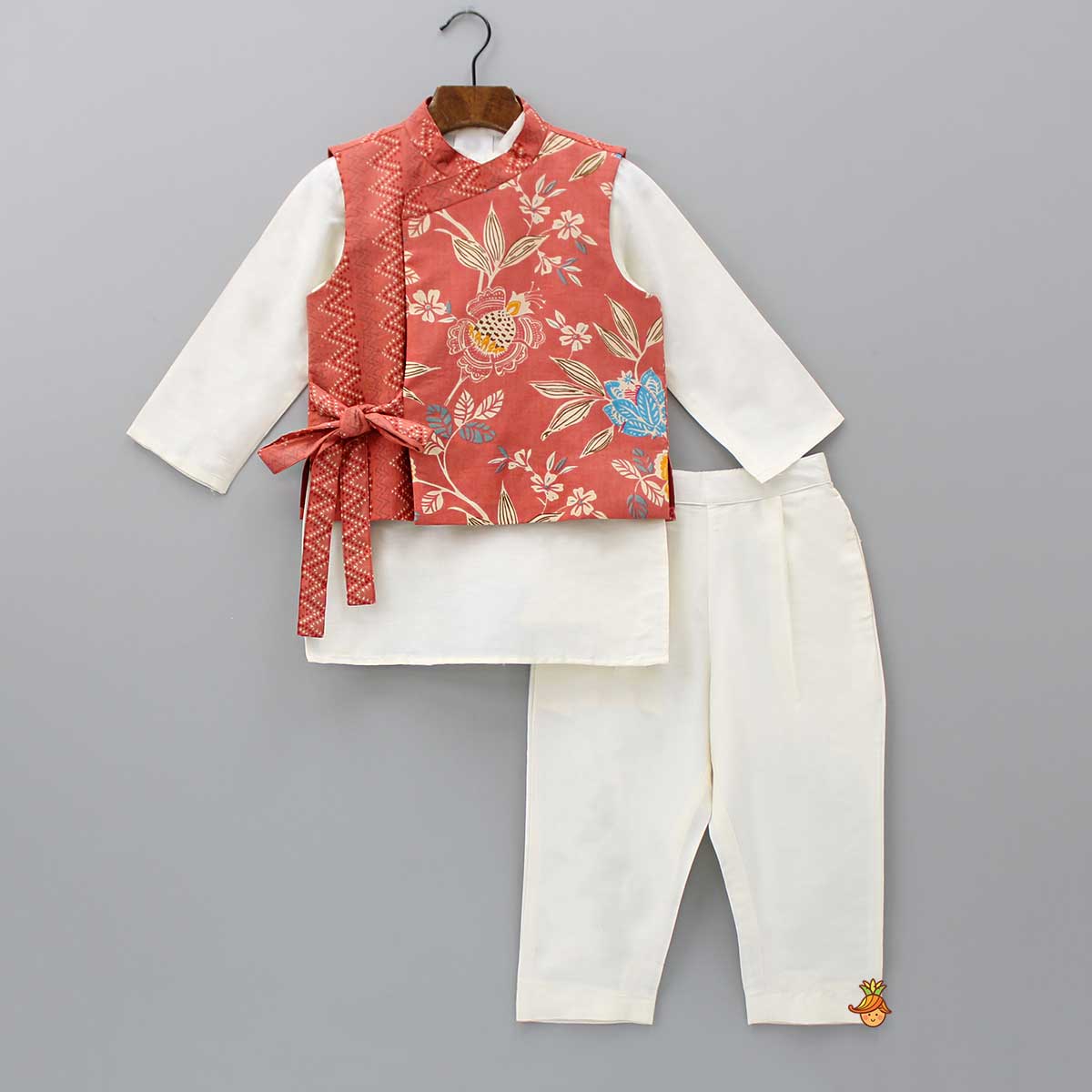 Off White Kurta With Side Knot Detail Printed Rust Jacket And Pyjama