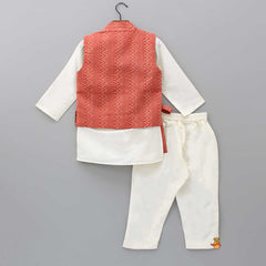 Pre Order: Off White Kurta With Side Knot Detail Printed Rust Jacket And Pyjama
