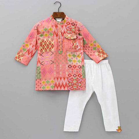 Pre Order: Patch Pocket Detail Peach Printed Kurta With Pyjama