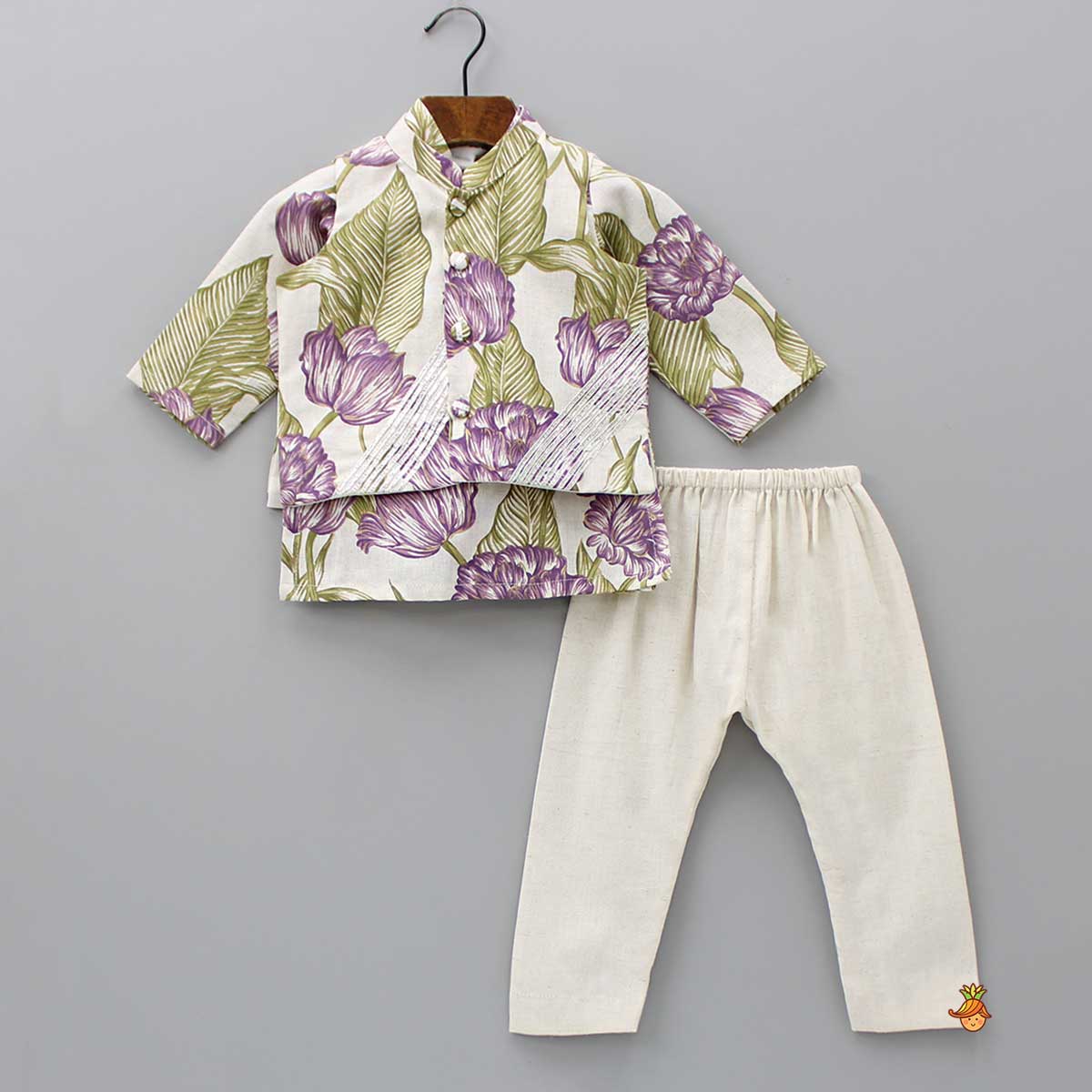 Front Placket Floral Kurta With Diagonal Gota Lace Work Jacket And Pyjama
