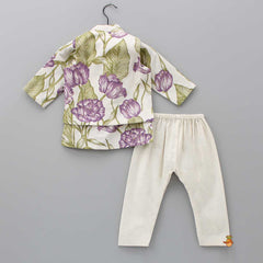 Pre Order: Front Placket Floral Kurta With Diagonal Gota Lace Work Jacket And Pyjama