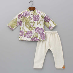 Pre Order: Front Placket Floral Kurta With Diagonal Gota Lace Work Jacket And Pyjama