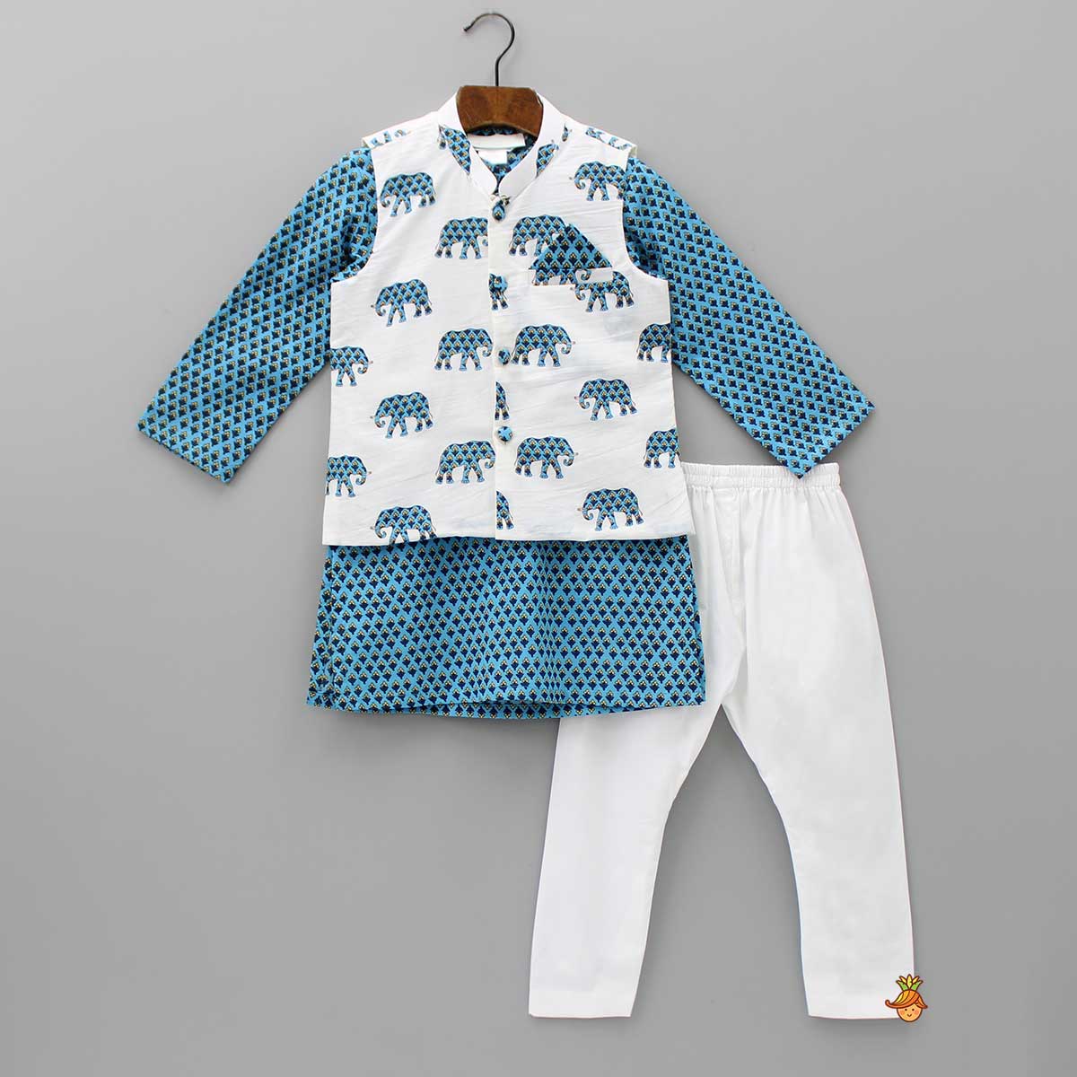 Blue Kurta With Printed Pocket Square Jacket And Pyjama