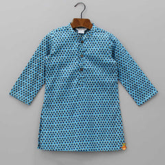 Pre Order: Blue Kurta With Printed Pocket Square Jacket And Pyjama