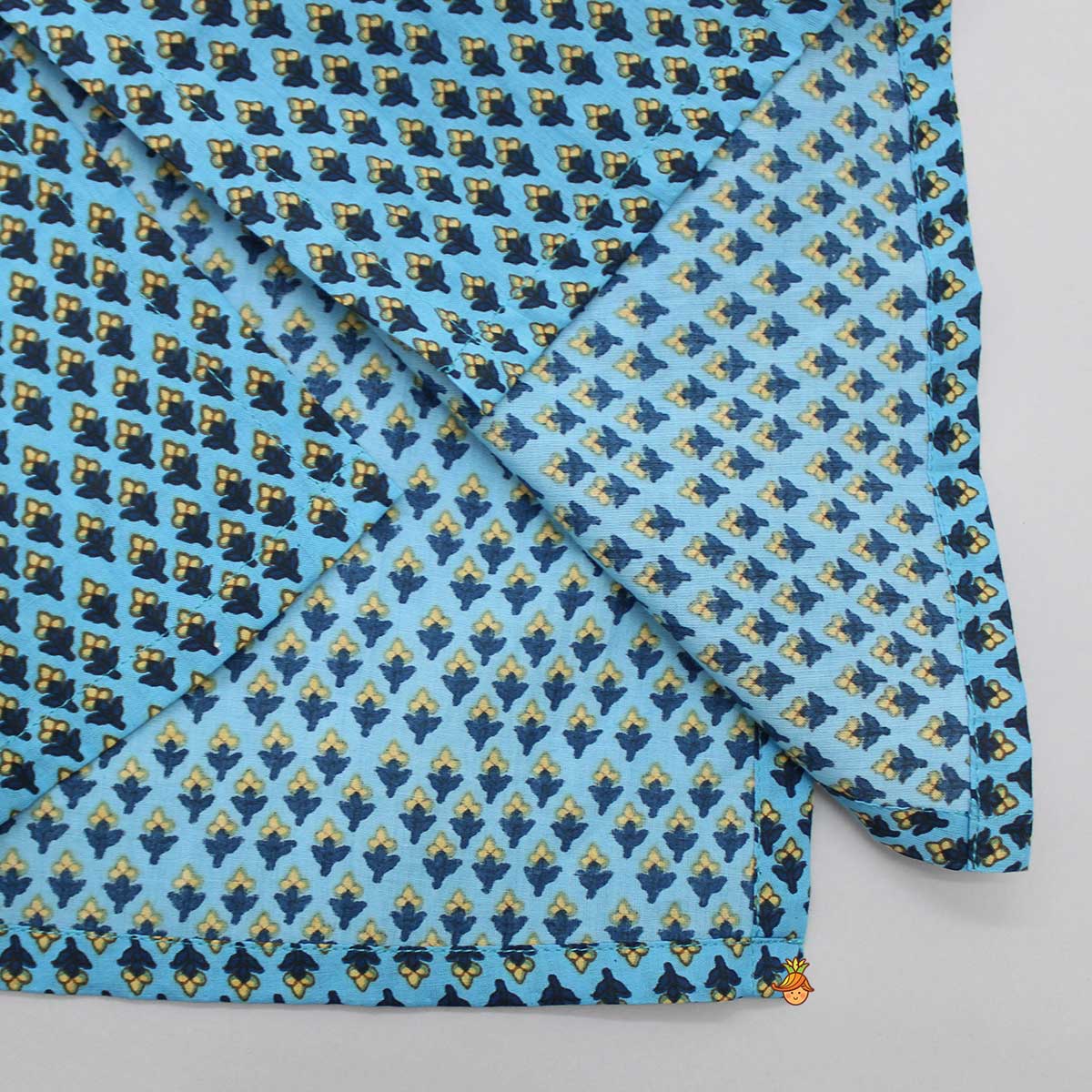 Blue Kurta With Printed Pocket Square Jacket And Pyjama