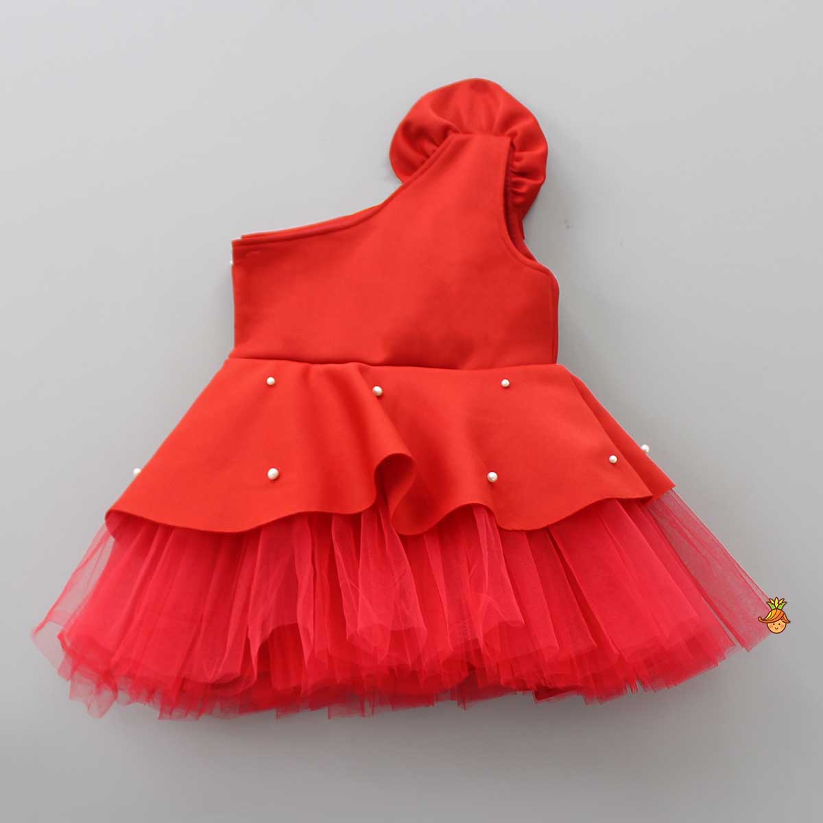 Rose Embellished Frilly Red Scuba Dress