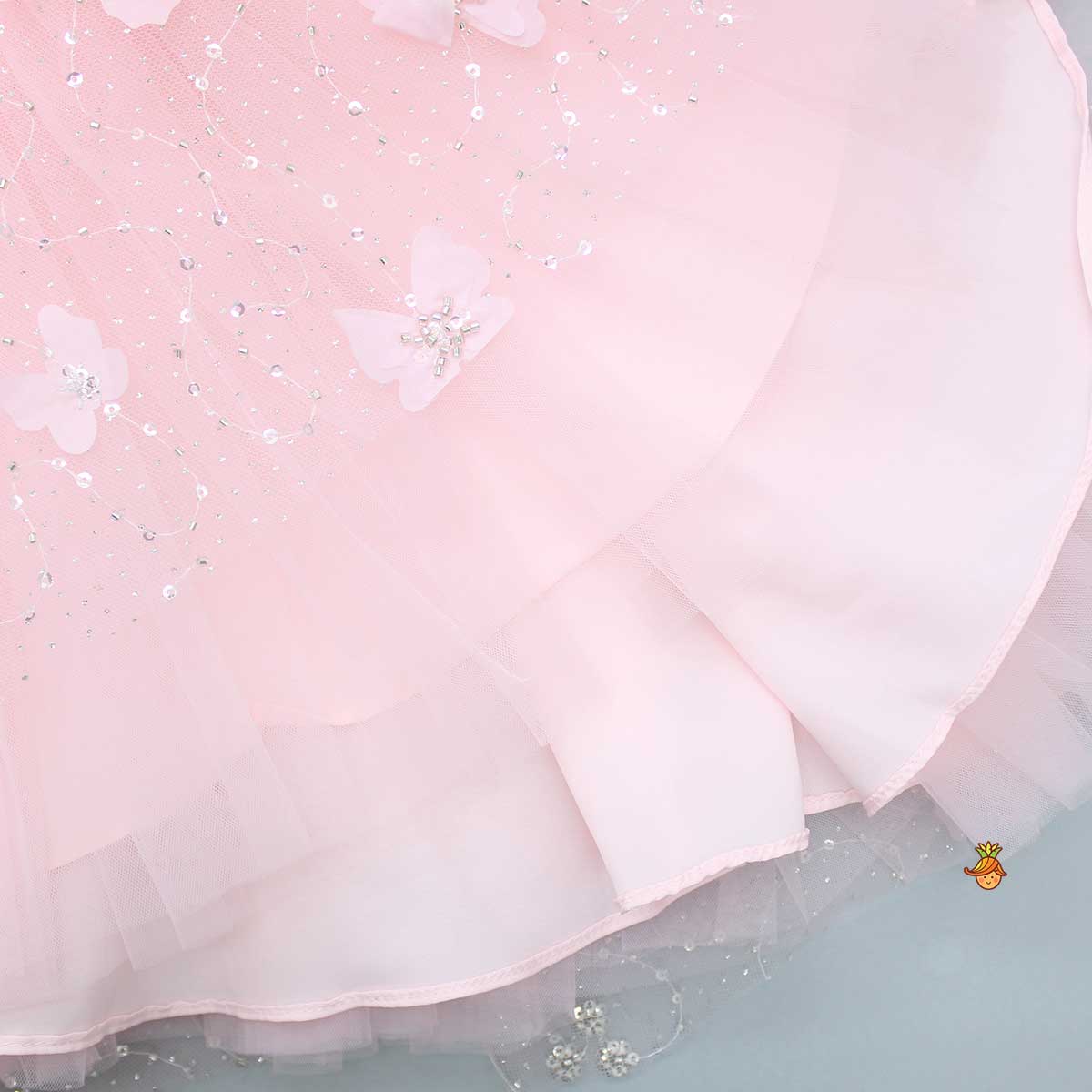 Butterfly Adorned Ruffle Sleeve One Shoulder Pink Dress