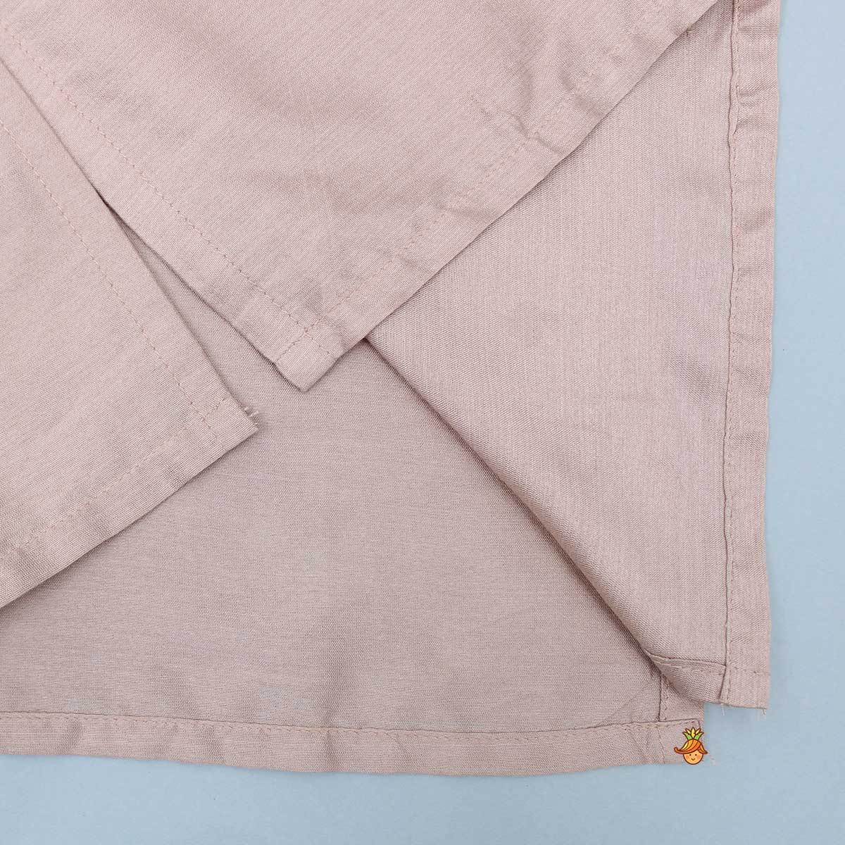 Peach Mandarin Collar Kurta With Pocket Detail Velvet Jacket And Pyjama