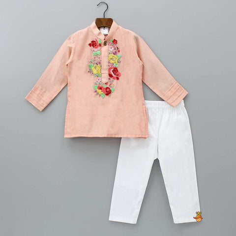 Pre Order: Sequins Floral Embroidered Peach Kurta And Pyjama