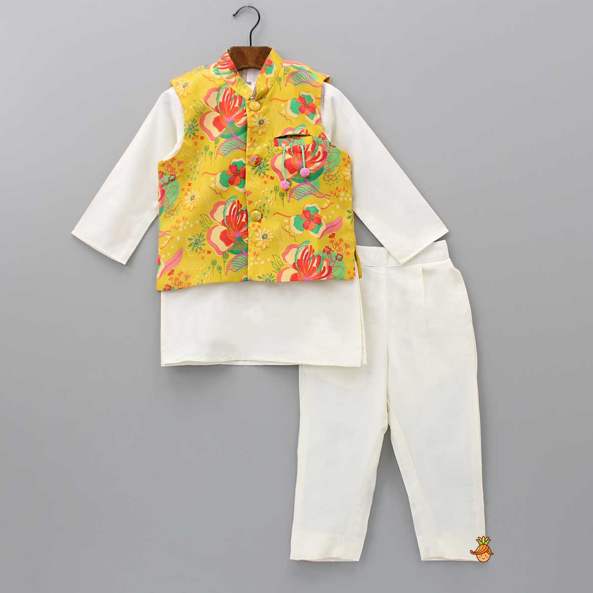 Pre Order: Off White Kurta With Pocket Detail Printed Multicolour Jacket And Pyjama