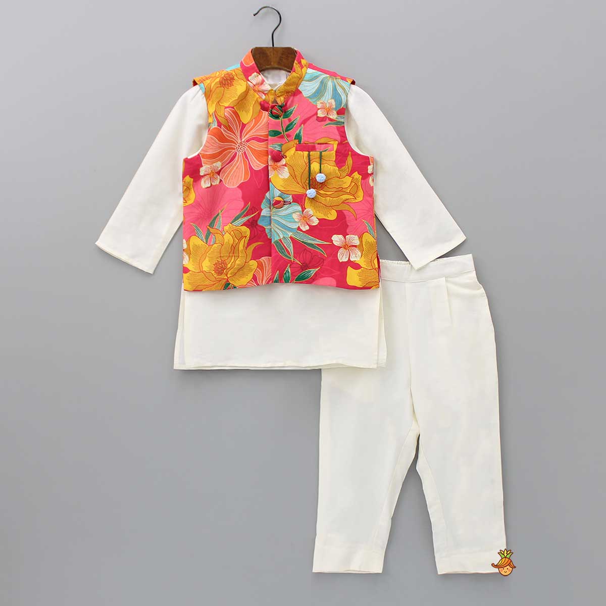 Pre Order: Off White Kurta With Front Open Multicolour Jacket And Pyjama