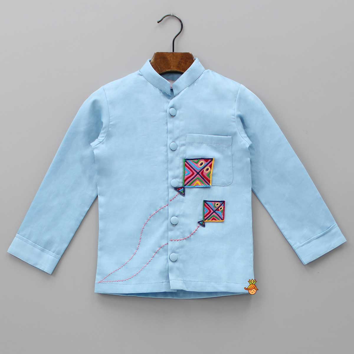 Pre Order: Kites Adorned Patch Pocket Blue Shirt