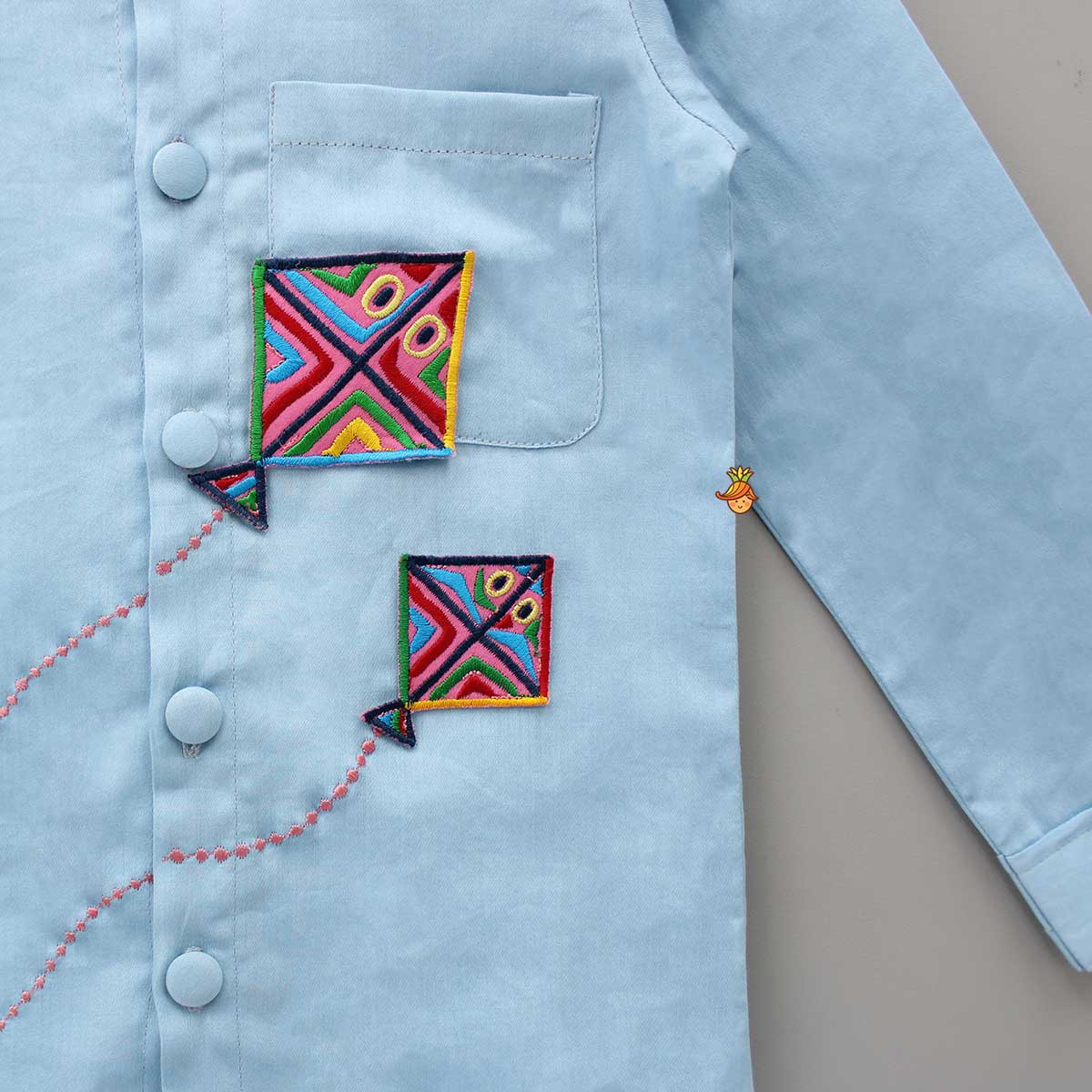 Kites Adorned Patch Pocket Blue Shirt