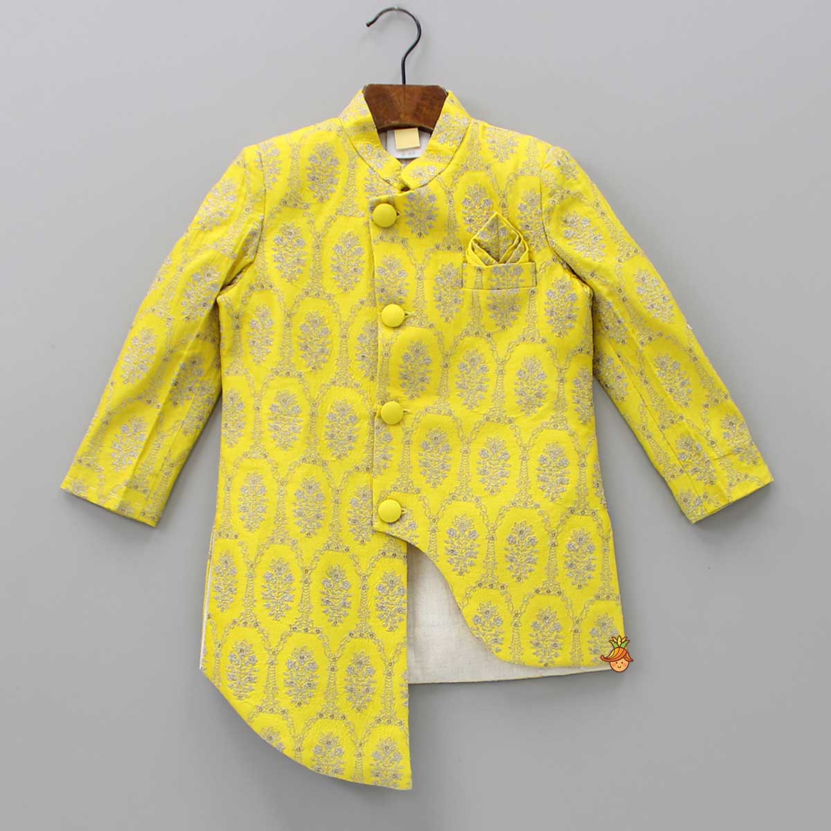 Pre Order: Charming Yellow Front Open Asymmetric Sherwani And Pyjama