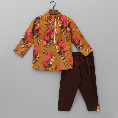 Pre Order: Rust Floral Mandarin Collar Kurta And Pyjama