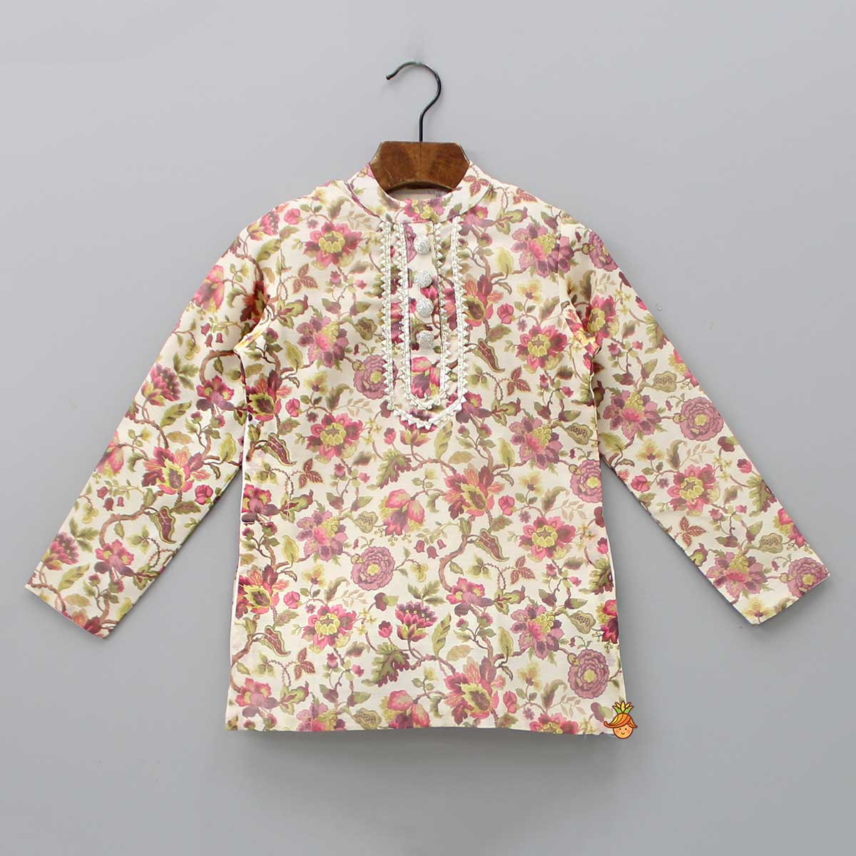 Pre Order: Gota Lace Detail Front Placket Floral Multicolour Kurta And Pyjama