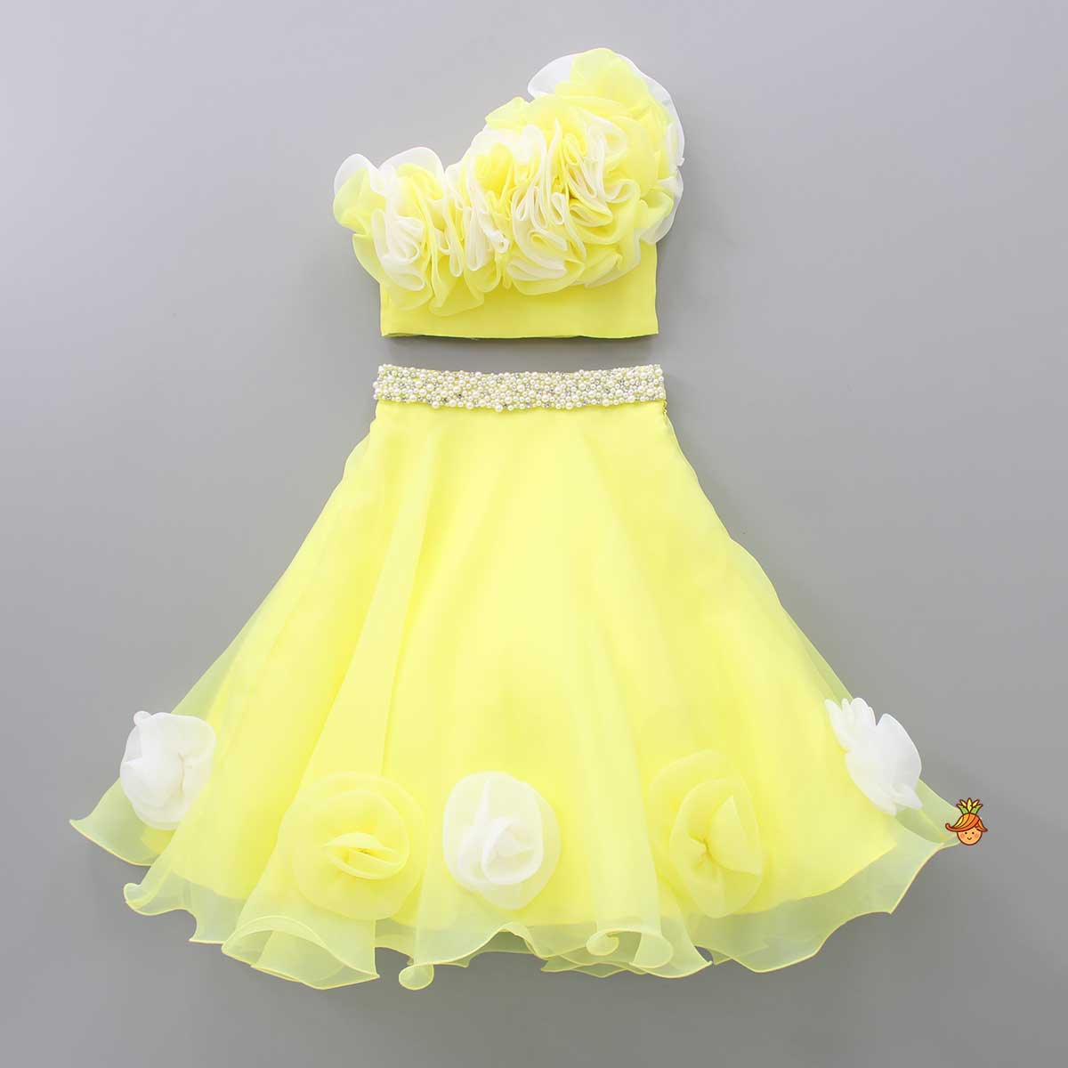 Pre Order: Organza One Shoulder Yellow Top And Flower Adorned Flared Lehenga