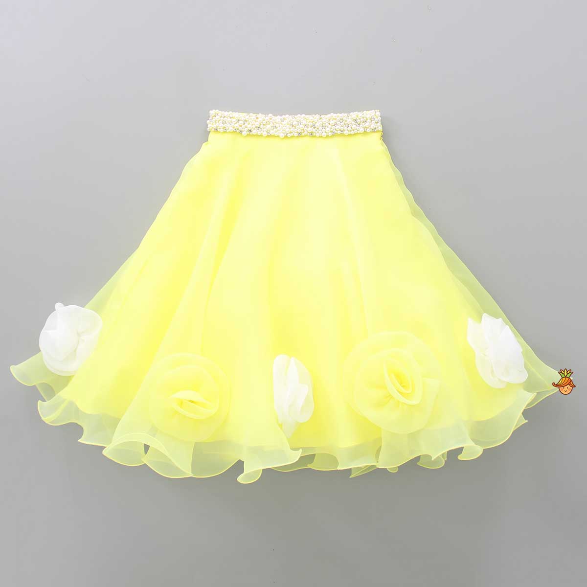 Organza One Shoulder Yellow Top And Flower Adorned Flared Lehenga